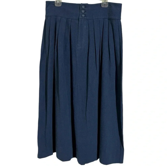 Lost + Wander Linen Cotton Blend MIDI Skirt Navy Blue with light Pleating - Picture 1 of 3